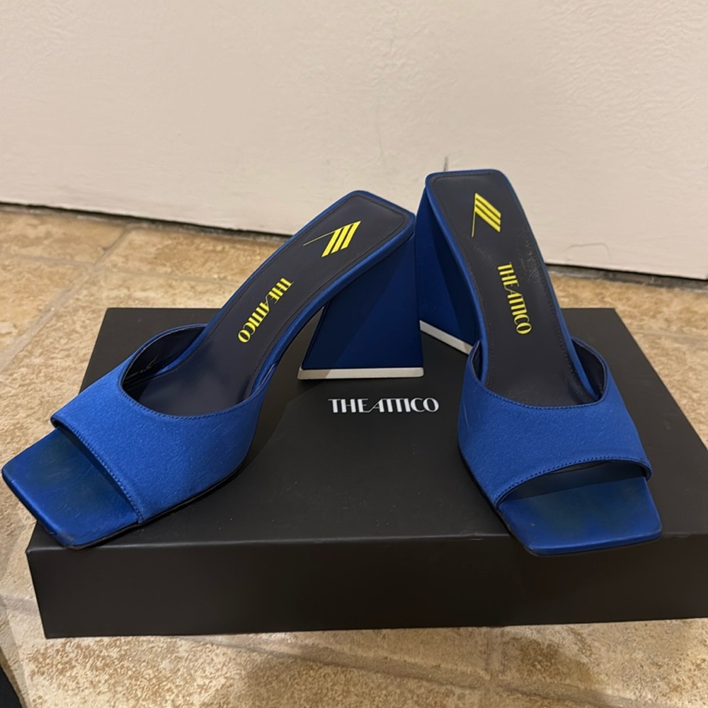 The Attico Devon mules - blue satin open toed mules.